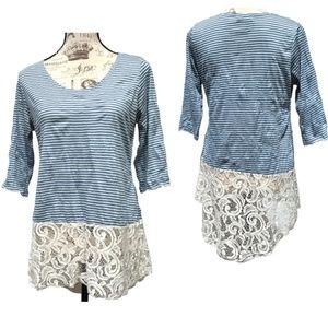 Vine Street Lace Bottom Summer Top Tunic Shirt Stripes Blue White